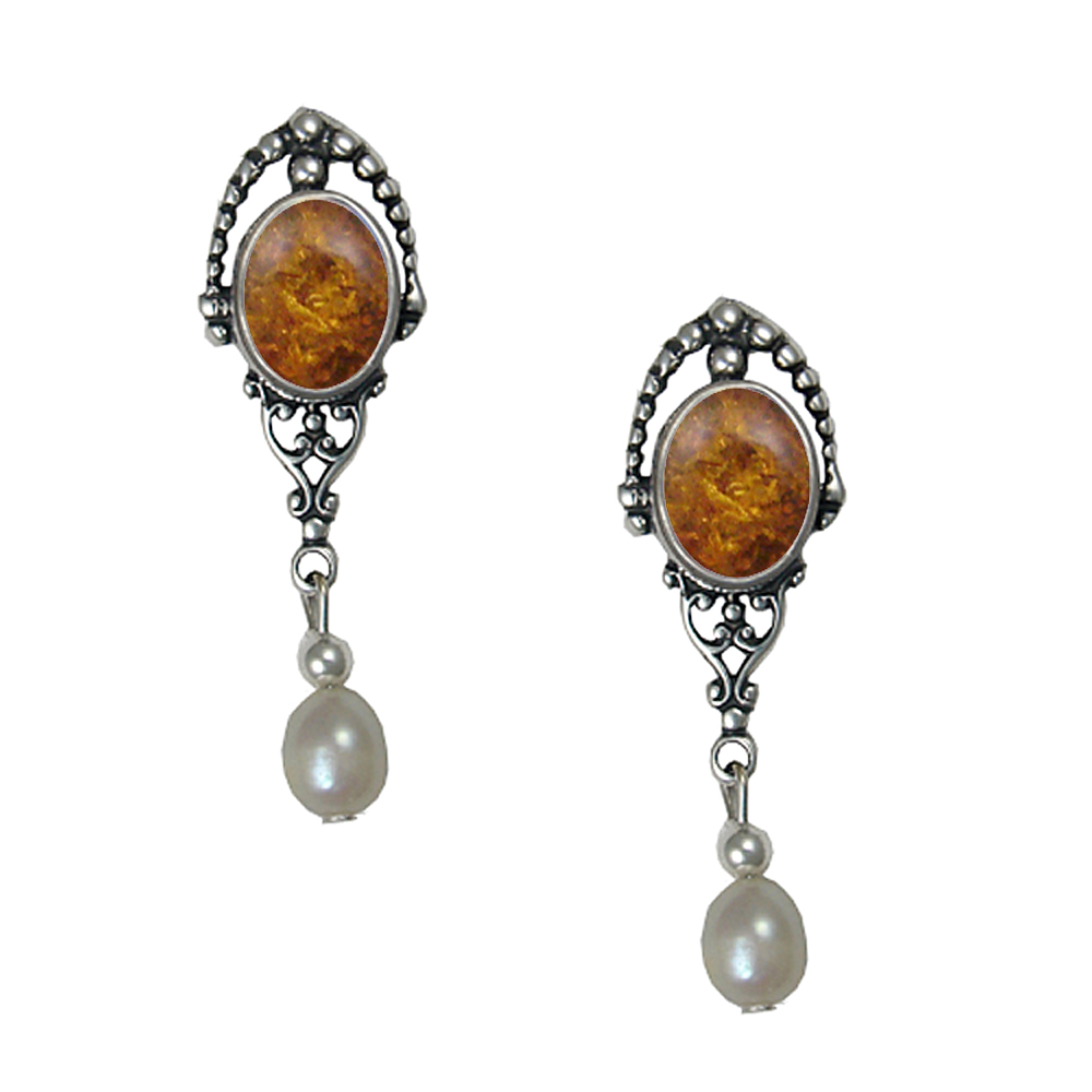 Sterling Silver Cultured Freshwater Pearl Drop Dangle Earrings With Amber